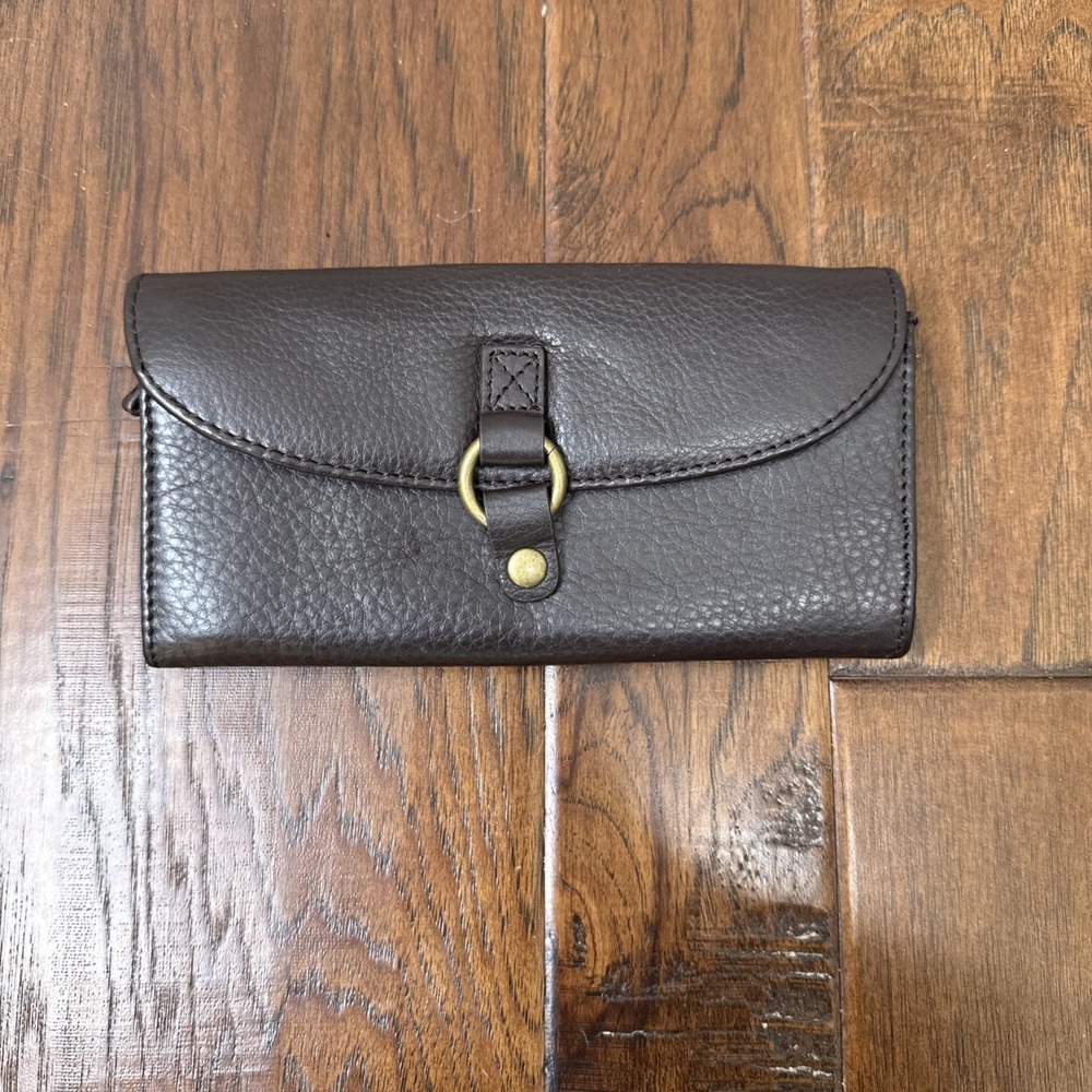 Hobo International Leather Long Wallet Chocolate Brown Brass Ring Zip Old Money